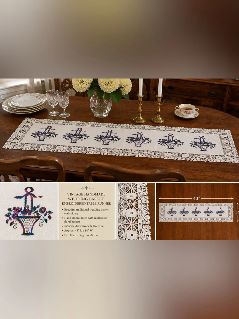 Vintage Handmade Wedding Basket Embroidered Lace Table Runner 43x14 Linen
